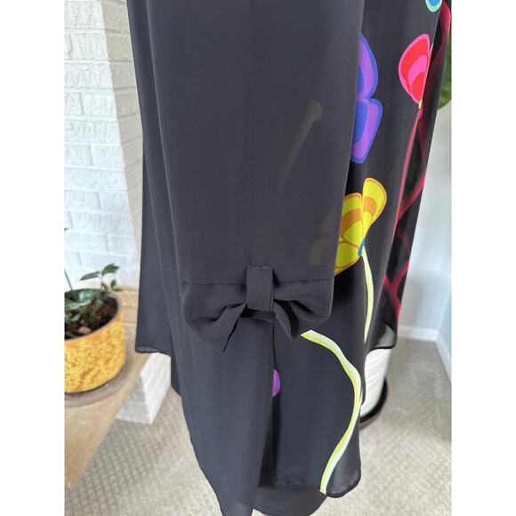 Women LS Black Floral Midi Dress 8 Boho Sheer Lined Quiet Luxury Asymmetric - Picture 6 of 13